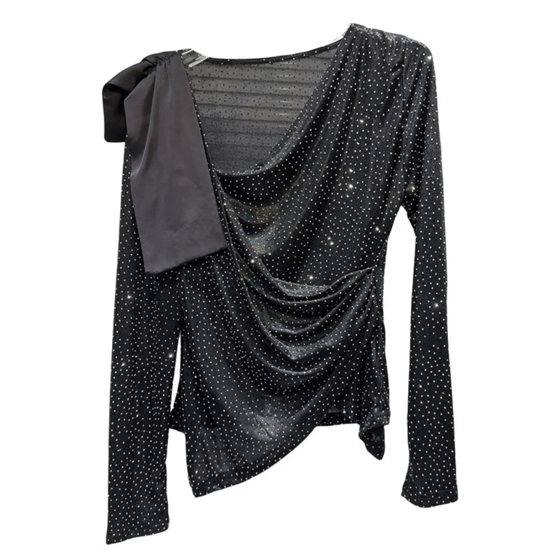 Autumn New Item Fashion Women's Hot Diamond Slanted Neck Pleated Mesh T-shirt Versatile Solid Color Top Female