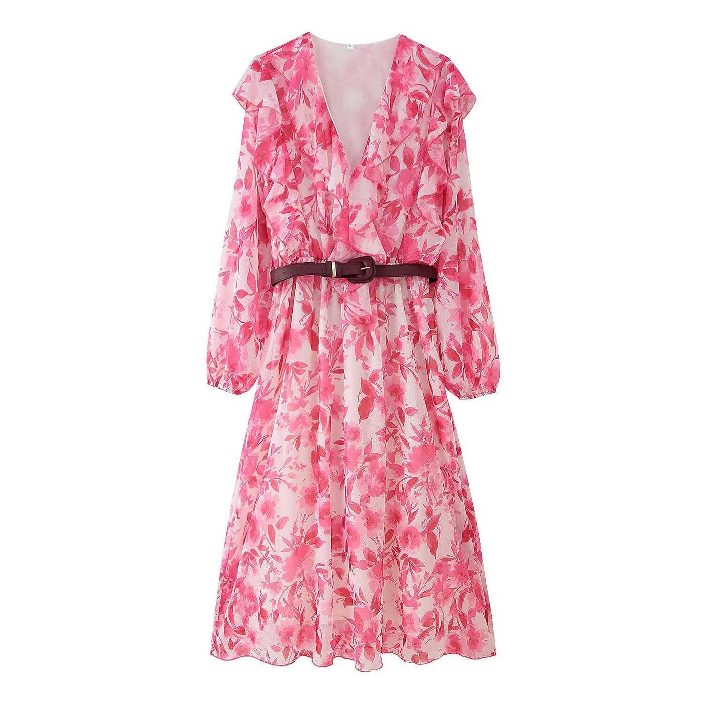 V-neck ruffle edge with belt printed dress for women