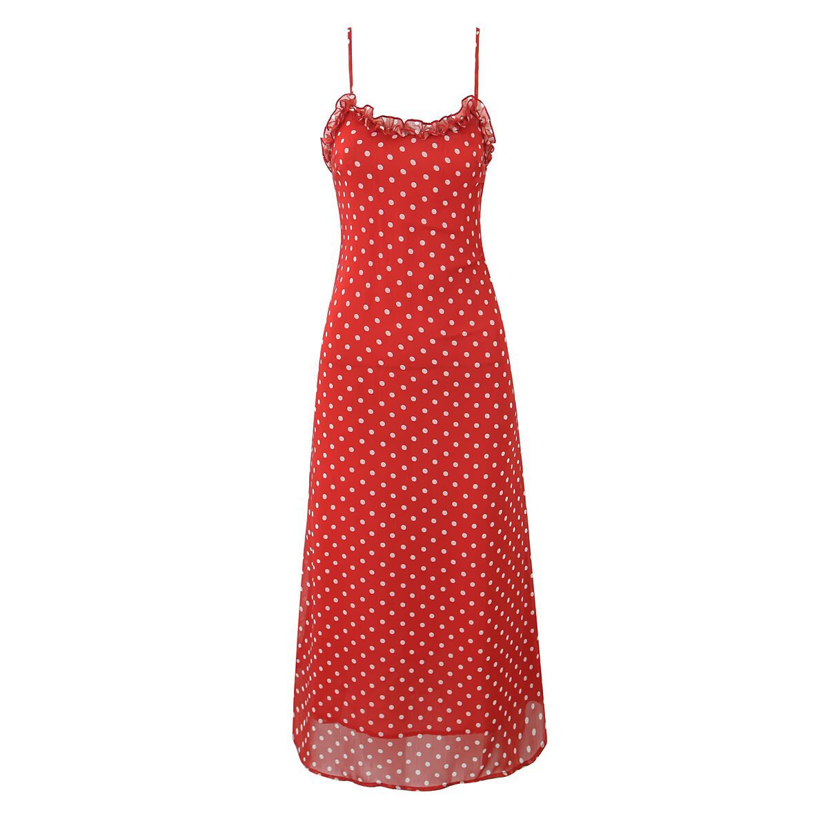 Lotus leaf edge embellished polka dot suspender dress for women