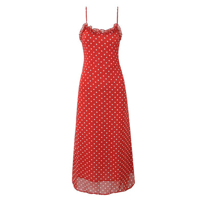 Lotus leaf edge embellished polka dot suspender dress for women