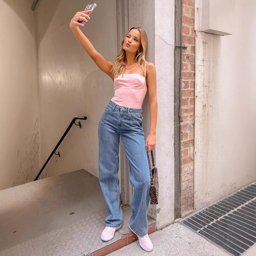 Women's High Waist Casual Bow Straight-leg Denim Trousers