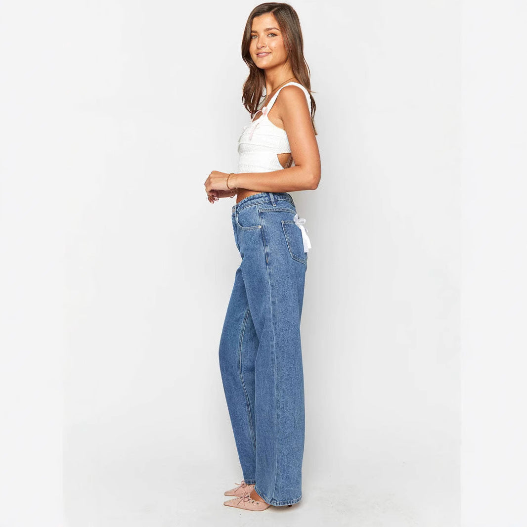 Women's High Waist Casual Bow Straight-leg Denim Trousers