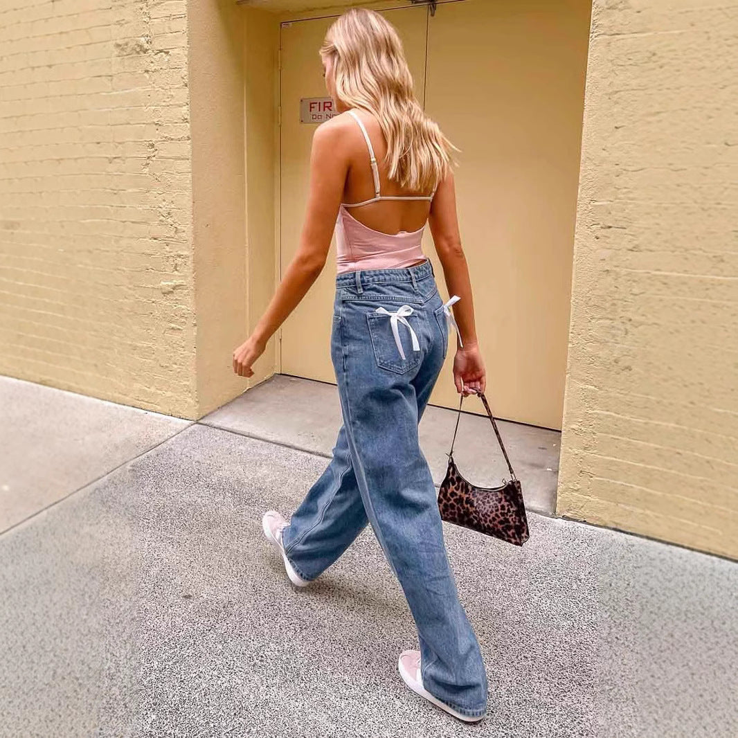 Women's High Waist Casual Bow Straight-leg Denim Trousers