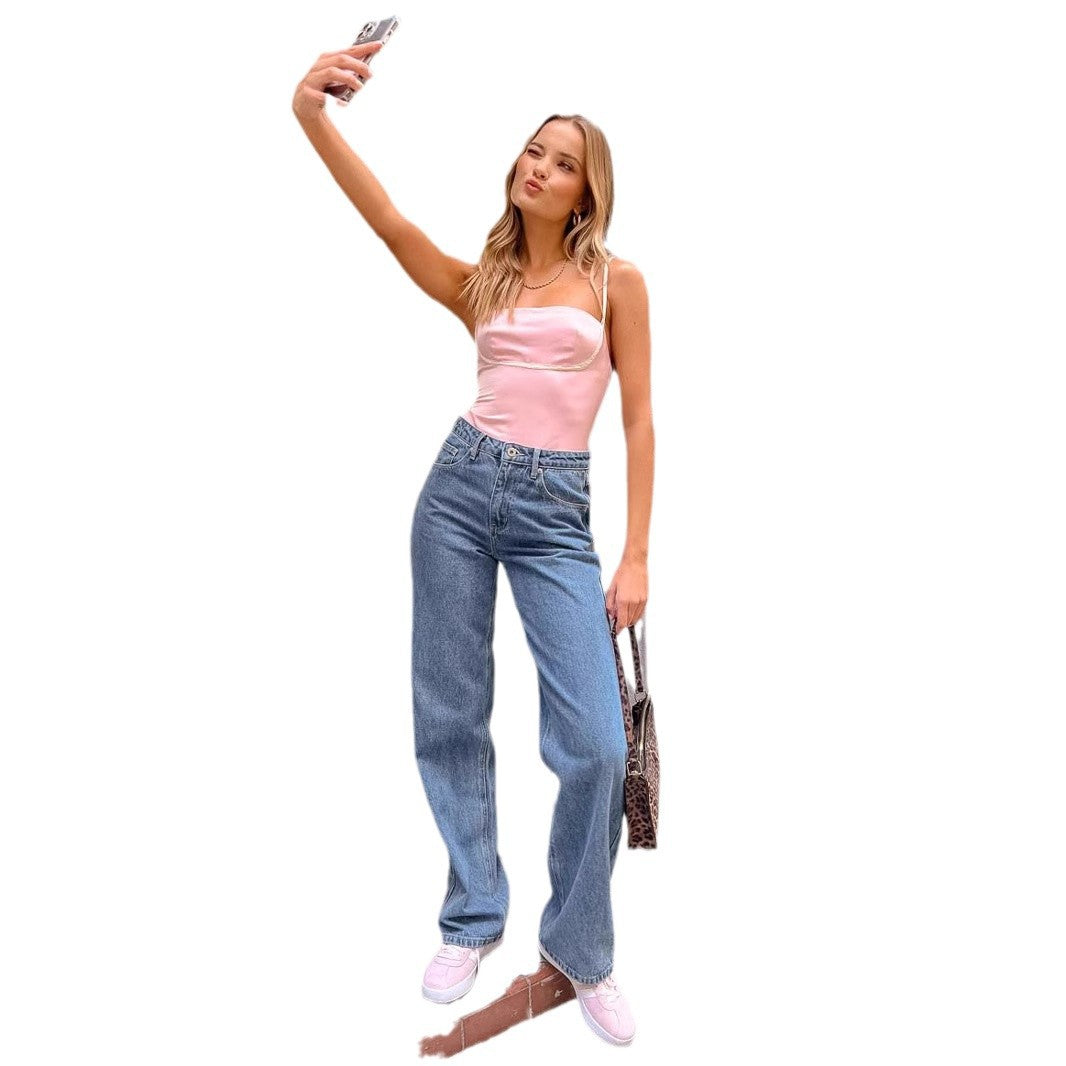 Women's High Waist Casual Bow Straight-leg Denim Trousers
