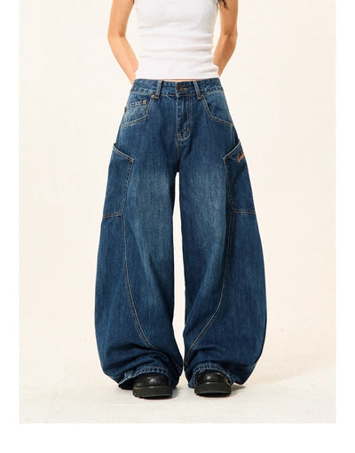 Women's Loose Wide-leg Jeans With Large Pockets Machete